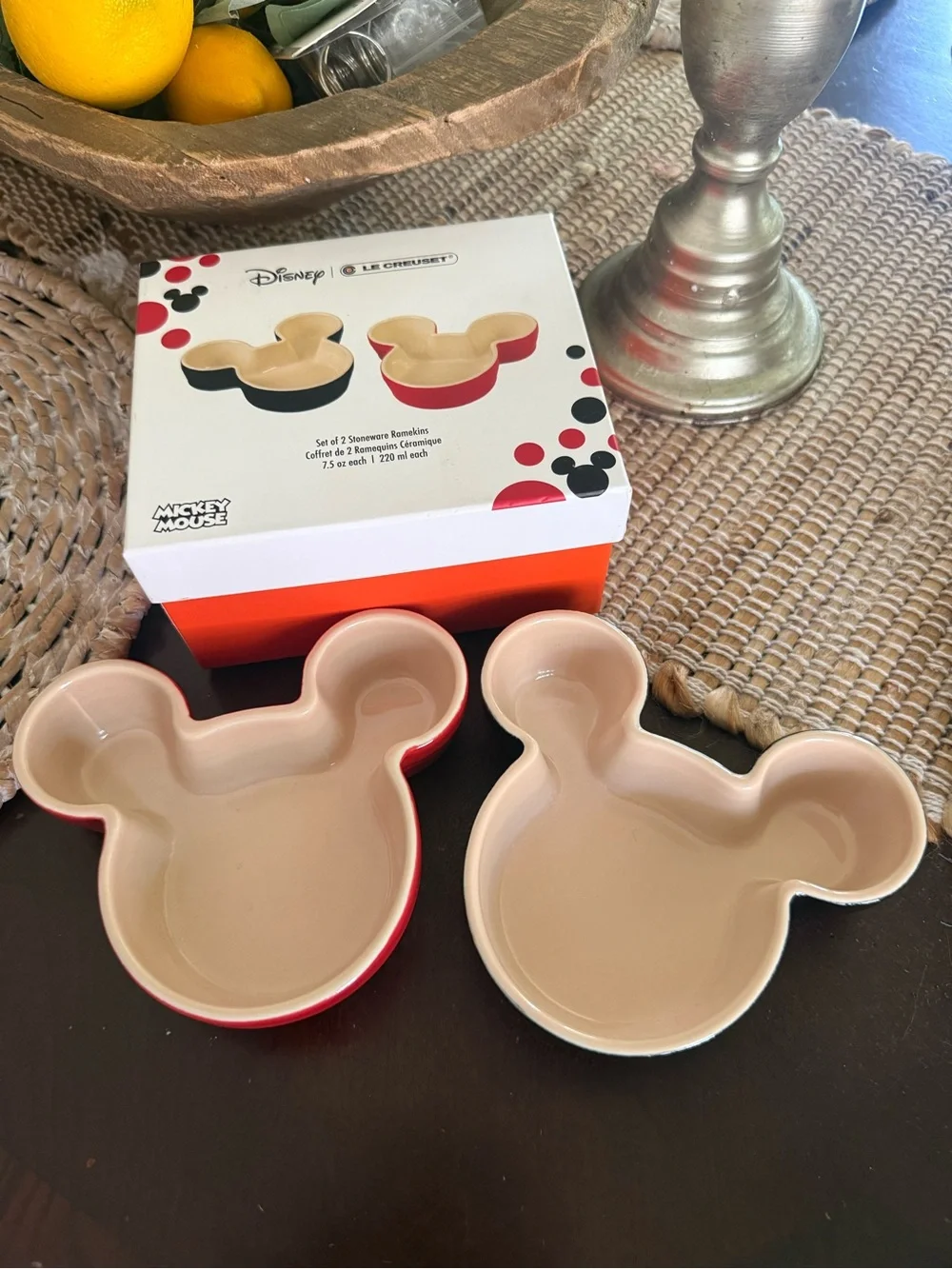 NEW Le Creuset Mickey Mouse Stoneware 7.5 oz Ramekins Set of 2 Disney Boxed